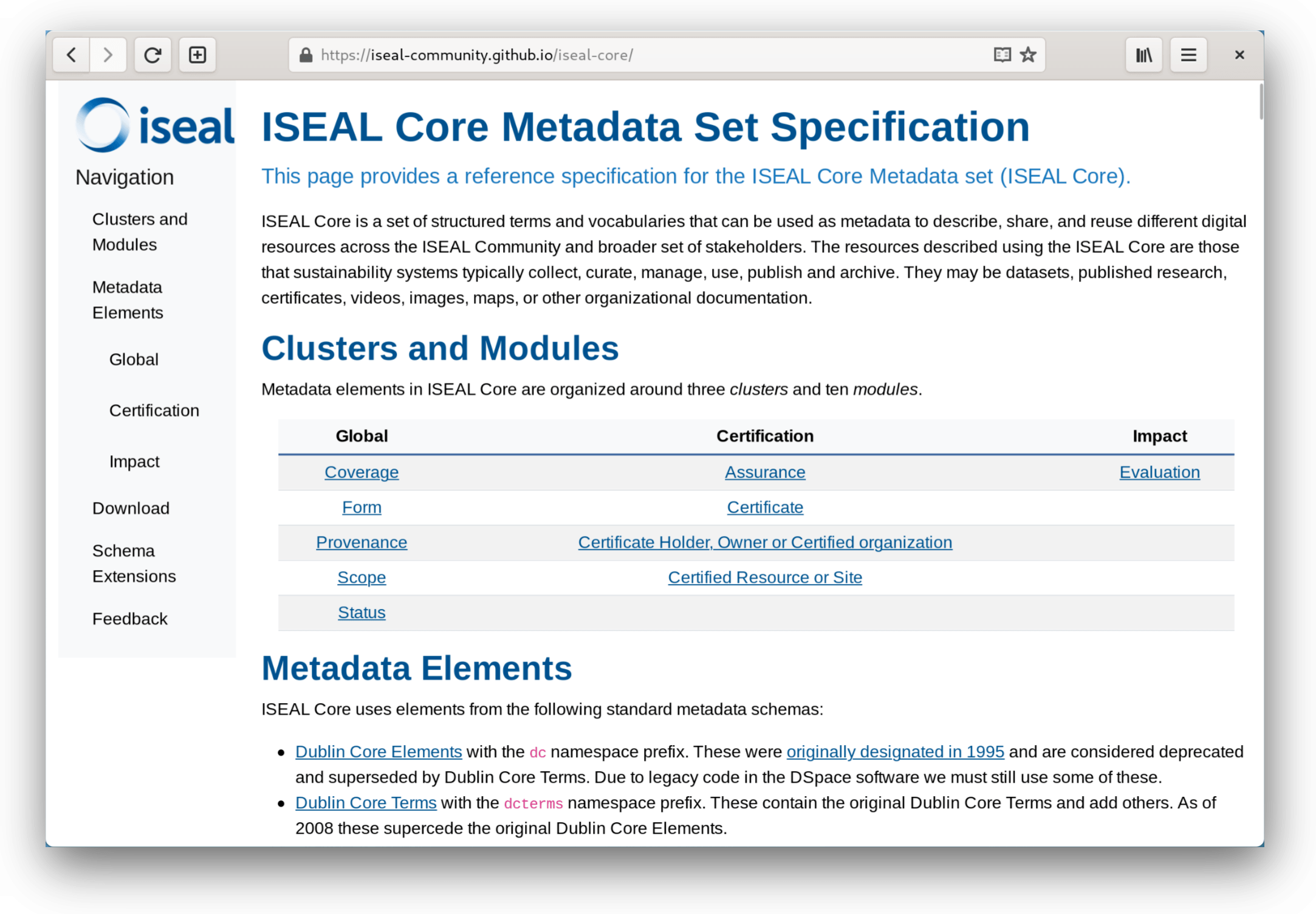 Screenshot of ISEAL Core Metadata Set documentation