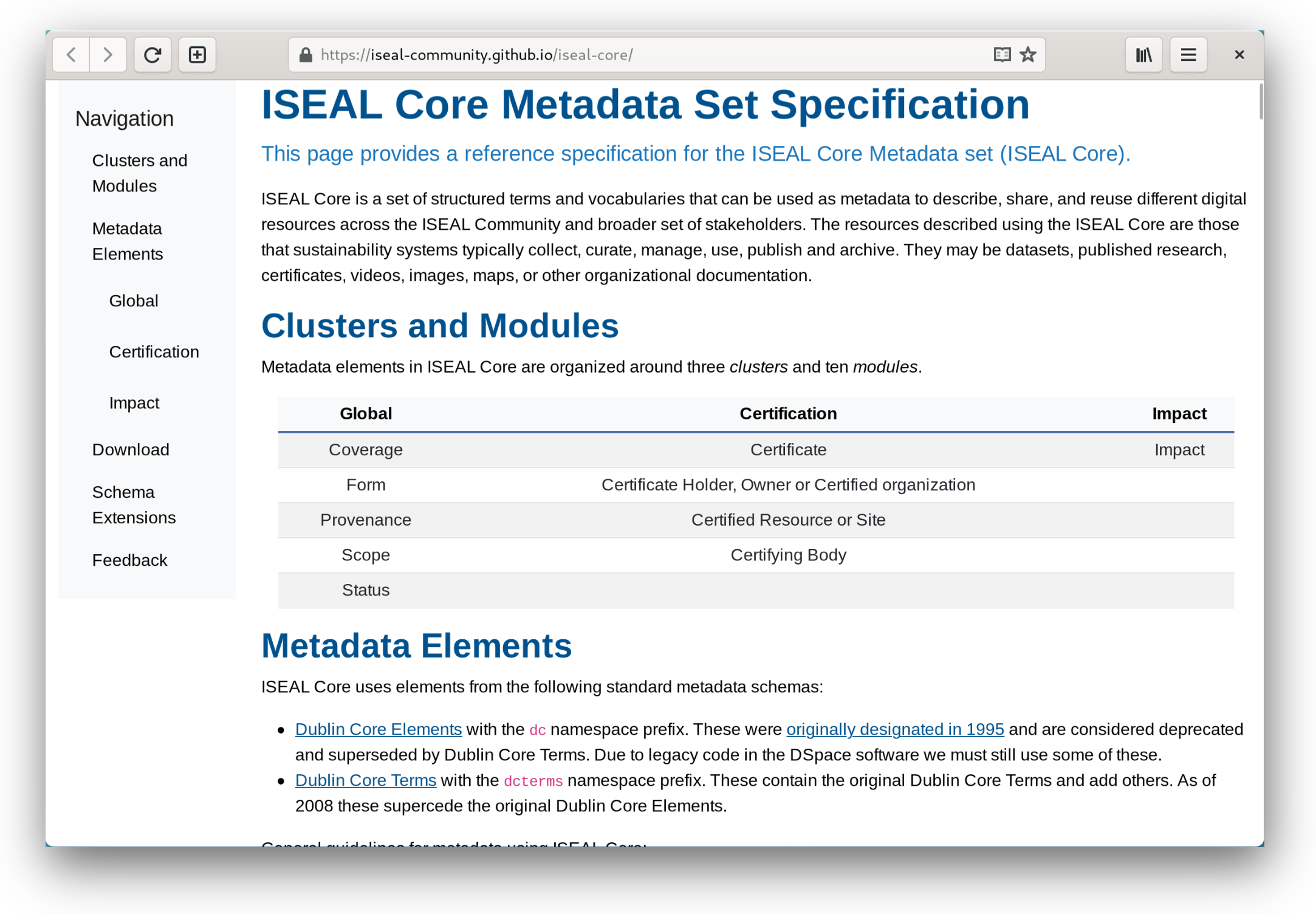 Screenshot of ISEAL Core Metadata Set documentation