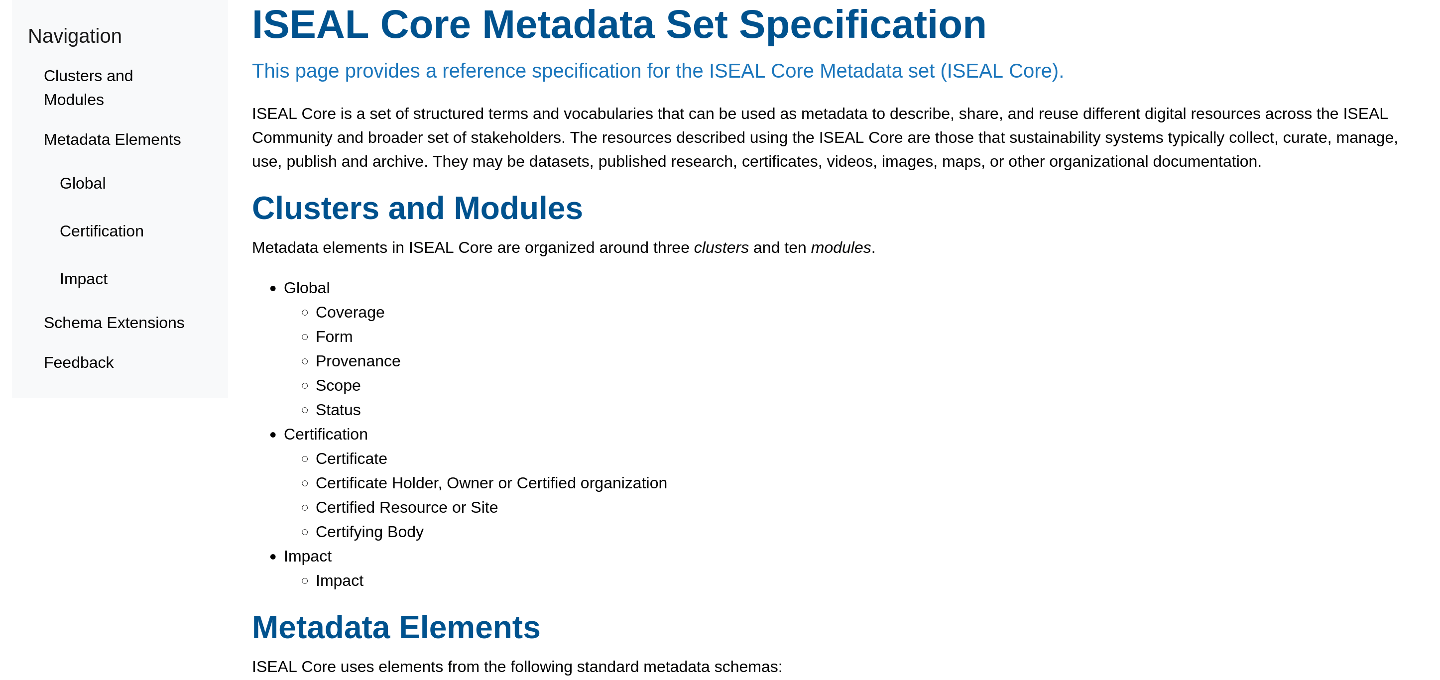Screenshot of ISEAL Core Metadata Set documentation